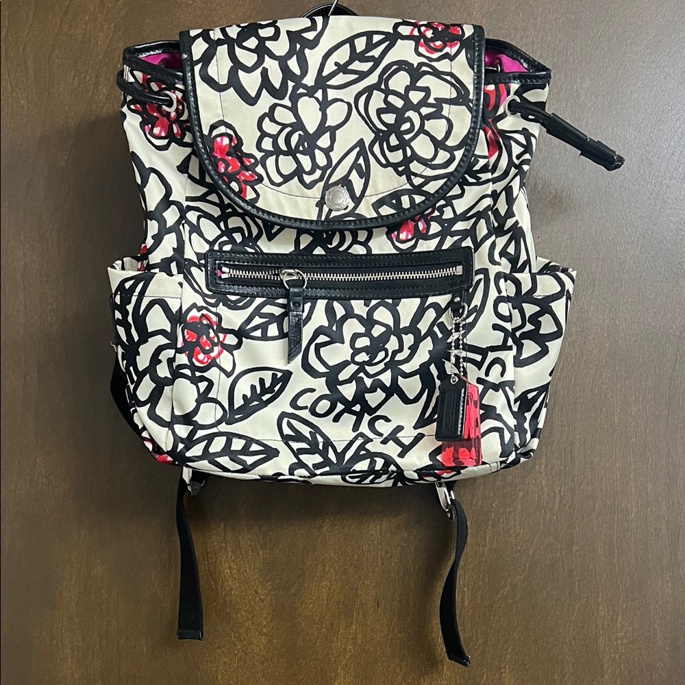 Coach Black and White Floral Backpack with Red Accents